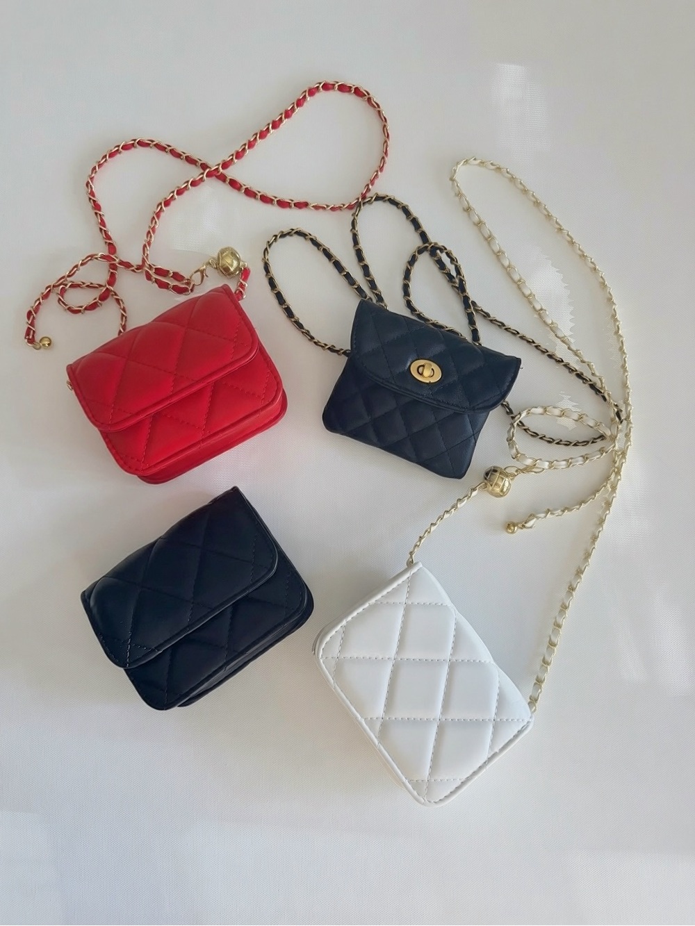 4 Quilted Mini Crossbody Bags - Red, Black, White